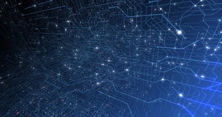Poster - 4K seamless loop of print circuit technology cyber and futuristic concept. Circuit Board with moving electrons. CPU processing Data. Futuristic HUD technology Screen Data animation. 3D render
