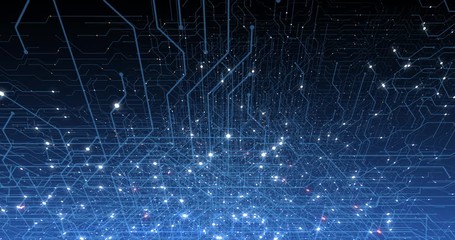 Poster - 4K seamless loop of print circuit technology cyber and futuristic concept. Circuit Board with moving electrons. CPU processing Data. Futuristic HUD technology Screen Data animation. 3D render