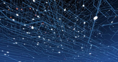 Poster - 4K seamless loop of print circuit technology cyber and futuristic concept. Circuit Board with moving electrons. CPU processing Data. Futuristic HUD technology Screen Data animation. 3D render