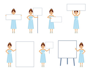 Wall Mural - Set of princess characters posing with different blank banners. Cheerful woman holding placard, paper, poster, pointing to whiteboard, teach, promote. Flat style vector illustration