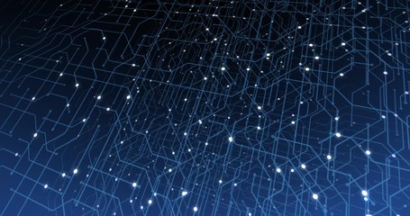 Poster - 4K seamless loop of print circuit technology cyber and futuristic concept. Circuit Board with moving electrons. CPU processing Data. Futuristic HUD technology Screen Data animation. 3D render