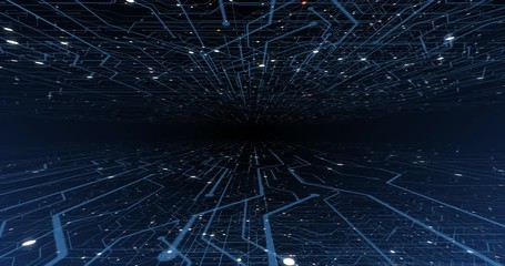 Poster - 4K seamless loop of print circuit technology cyber and futuristic concept. Circuit Board with moving electrons. CPU processing Data. Futuristic HUD technology Screen Data animation. 3D render