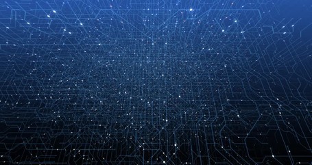 Poster - 4K seamless loop of print circuit technology cyber and futuristic concept. Circuit Board with moving electrons. CPU processing Data. Futuristic HUD technology Screen Data animation. 3D render