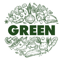 Green Vegetables Banner With Hand Drawn Icons Set In Circle