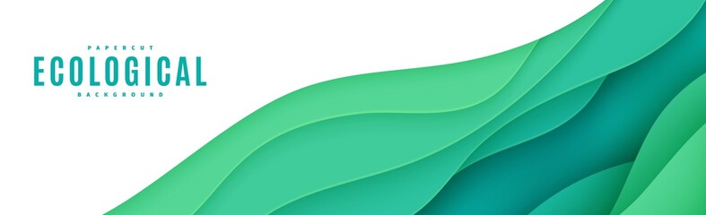 Abstract green horizontal banner in cut paper style. Cutout grass wave template for save the Earth flyer, ecology brochures, presentations, invitations with place for text .Vector card illustration