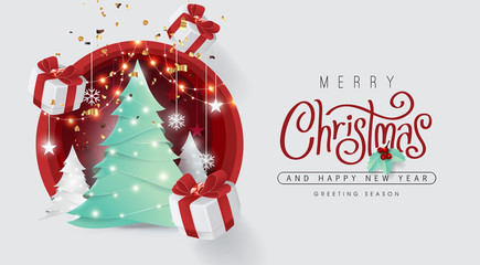 Wall Mural - merry christmas and happy new year background decorated with christmas tree and gift box paper cut s