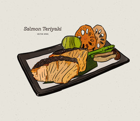 Wall Mural - salmon teriyaki, japanese food. Hand draw sketch vector.