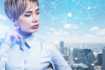 Poster - Pensive Asian businesswoman in city, network