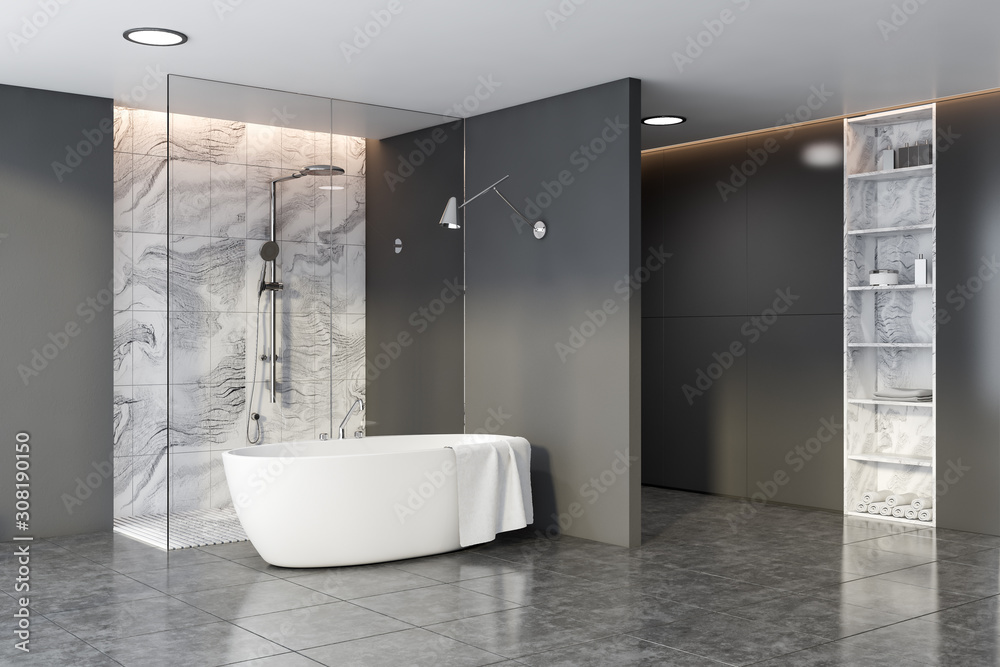 Grey and marble bathroom corner, tub and shower - obrazy, fototapety, plakaty 