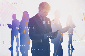 Poster - Man with smartphone and his team, network