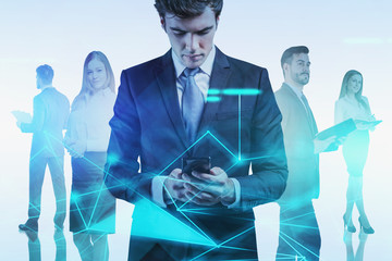 Poster - Serious young manager and team, network icons