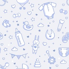 Wall Mural - Baby Related Seamless Pattern In Blue Colors. Vector Cartoon Illustration