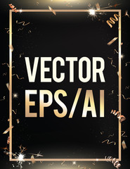 Vector black party celebration background, gold confetti, border