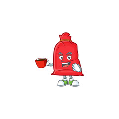 Sticker - Sweet santa bag close cartoon character with a cup of coffee