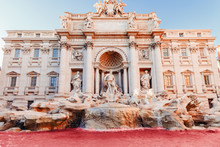 Trevi Fountain Red Water Sunset Baroque Architecture And Landmark Rome Italy