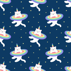  Seamless pattern magical kitty unicorn, rainbow, starry sky. A cute white cat flies in space. Vector illustration for children. Print for wrapping, fabric, textile, wallpaper.