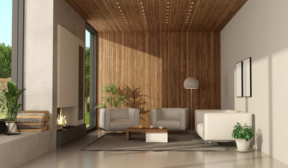 Sticker - Minimalist living room of a modern villa with fireplace