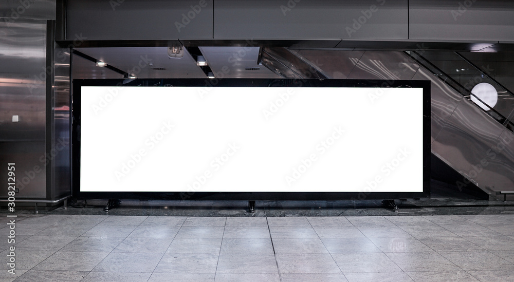 Airport hall billboard mock up with white screen, alpha channel. Business concept, indoor board, empty frame. - obrazy, fototapety, plakaty 