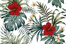 Tropical Vintage Hibiscus Plumeria Floral Green Leaves Seamless Pattern White Background. Exotic Summer Wallpaper.