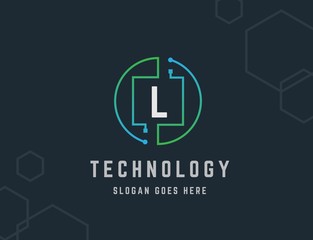 Wall Mural - Circle circuit tech network with initial L letter logo design