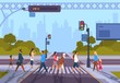 Cartoon pedestrians. City crosswalk with diverse people and no traffic, urban cityscape with people hurry at work. Vector illustration town road with men and woman walking outdoors