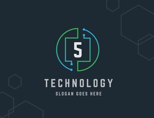Wall Mural - Circle circuit tech network with number 5 logo design
