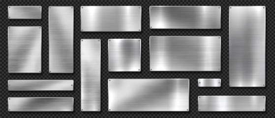 Metal banners. Realistic stainless steel boards with scratched grunge texture and silver shine. Vector metal signs and plates set, riveted image plaque or alloy plating on black transparent background