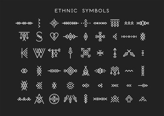 Poster - Vector set of line art symbols for logo design and lettering in boho and hipster style.