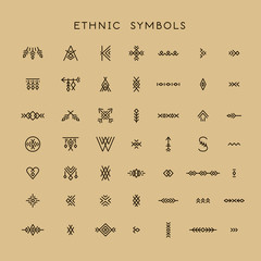 Poster - Vector set of line art symbols for logo design and lettering in boho and hipster style.