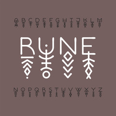 Aufkleber - Linear runic geometric uppercase font decorated with thin lines.