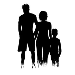 Poster - Vector silhouette of family in the grass on white background. Symbol of girl, boy, mother, father, son, people, nature, park, garden.