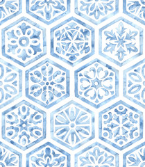  Seamless watercolor pattern. White and blue ornament. Print for textiles. Hexagons drawn by brush on paper.