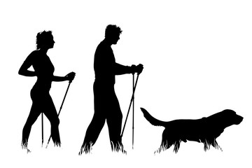 Sticker - Vector silhouette of couple with dog in the grass on white background. Symbol of girl, boy, wife, husband, pet, people, nature, park, walking, nordic.