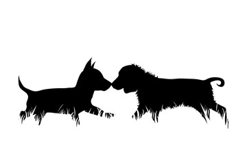 Sticker - Vector silhouette of dogs in the grass on white background. Symbol of animal, pet, friends, nature, park, garden.