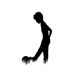 Canvas Print - Vector silhouette of boy who play football in the grass on white background. Symbol of boy, alone, play, game, ball, soccer, infant, childhood, nature, park, garden.