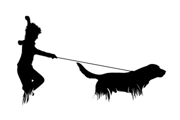 Canvas Print - Vector silhouette of boy with dog in the grass on white background. Symbol of people, child, animal, pet, training, nature, park, garden.