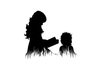 Canvas Print - Vector silhouette of siblings in the grass on white background. Symbol of girl, boy, sister, brother, baby, read,family, infant, childhood, nature, park, garden.