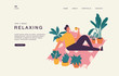 Landing page template for websites with man sitting and resting on the carpet with coffee cup. Cozy interior with homeplants.
