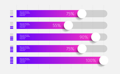 Wall Mural - Modern colorful purple and blue gradient 3d chart, graph. Template for horizontal diagram, presentation. 5 Infographics elements. Vector illustration