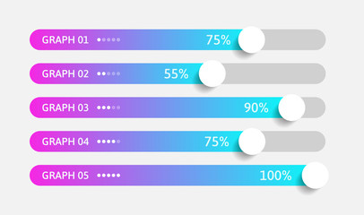 Modern colorful purple and blue gradient 3d chart, graph. Template for horizontal diagram, presentation. 5 Infographics elements. Vector illustration