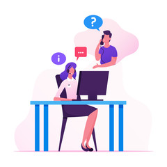 Wall Mural - technical receptionist, customer support service working. girl in headset hotline consultant chattin