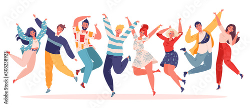 Group of young joyful jumping people with raised hands isolated on white background Poster Mural XXL