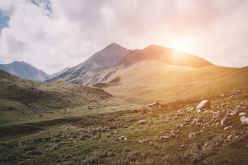 Panorama view of mountains scenes in national park Dombay, Caucasus