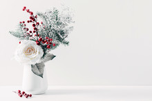 Winter Or Christmas Composition, Decoration, Flowers, Branches In Vase On White Background. Christmas Home Decor, Winter Concept. Front View, Copy Space