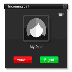 incoming call screen dark user interface. telephone mobile application layout vector illustration