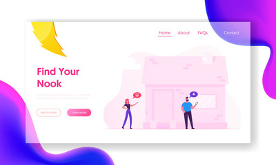 Poster - Iot Smart House Monitoring Website Landing Page. Man and Woman Stand at House Using Remote Technology on Smartphone. Internet of Things Application Web Page Banner. Cartoon Flat Vector Illustration