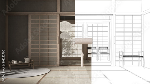 Paint Roller Painting Interior Design Blueprint Sketch Background While The Space Becomes Real Showing Eastern Lounge Before And After Concept Architect Designer Creative Work Flow Buy This Stock Illustration And Explore