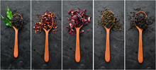 Photo Banner. Collage Photo Of Dry Tea In Spoons. On A Black Stone Background.