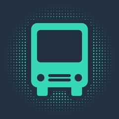 Green Bus icon isolated on blue background. Transportation concept. Bus tour transport sign. Tourism or public vehicle symbol. Abstract circle random dots. Vector Illustration