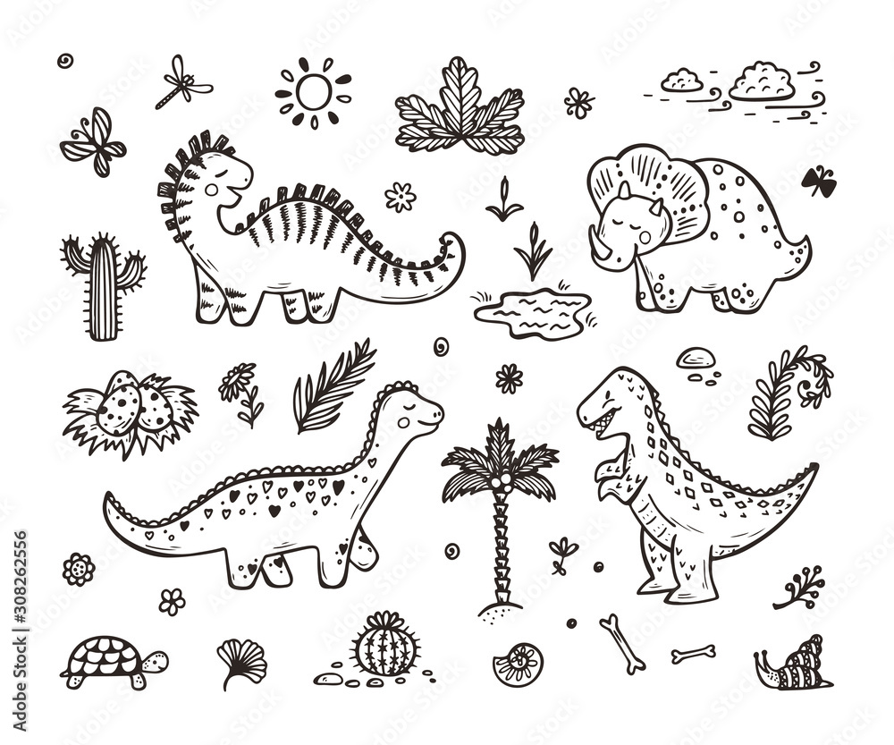 Extinct animals. Cute Cartoon Dinosaur Vector set. Hand drawn doodle ...
